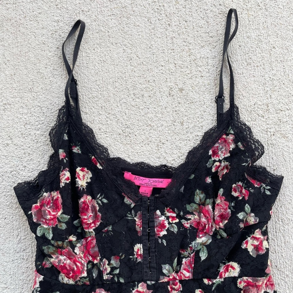 Vintage Y2K Betsey Johnson Floral Lace Slip Dress Black Pink Roses Corset Mini S - Picture 3 of 6